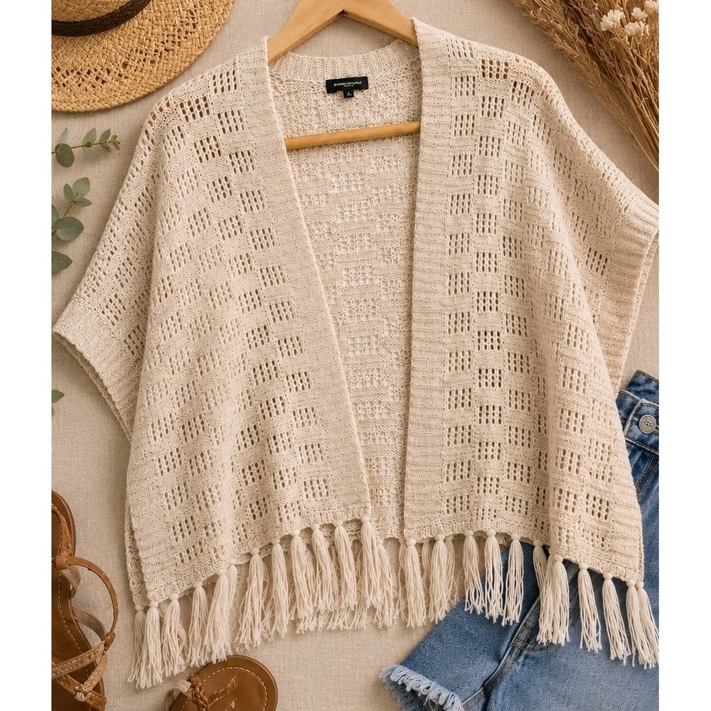 Open Knit Fringe Cardigan Womens L Beige Boho Coastal Festival Kimono Sweater